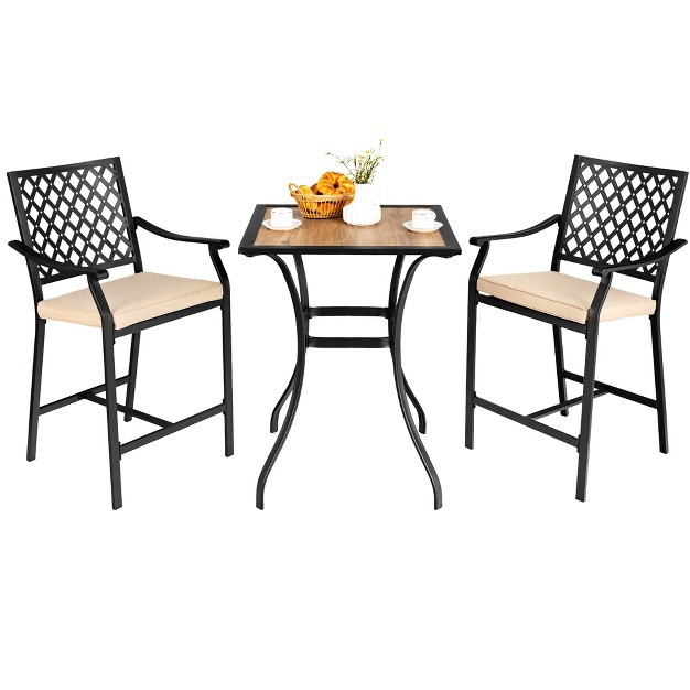 Costway 3 Pcs Patio Bar Stool Square Table Bistro Set Cushioned Chairs Armrest