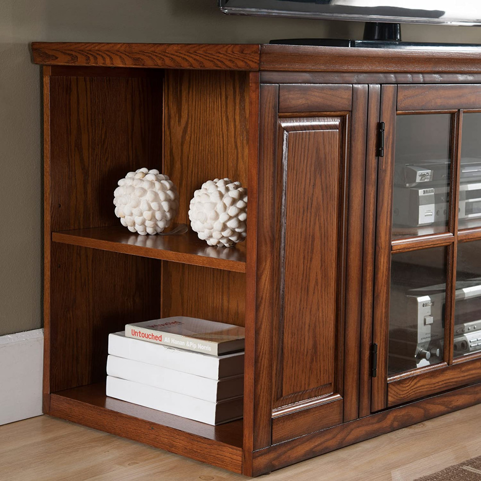 Traditional TV Stand  Side Open Shelves and Glass Door Cabinet  Burnished Oak   Contemporary   Entertainment Centers And Tv Stands   by Decor Love  Houzz