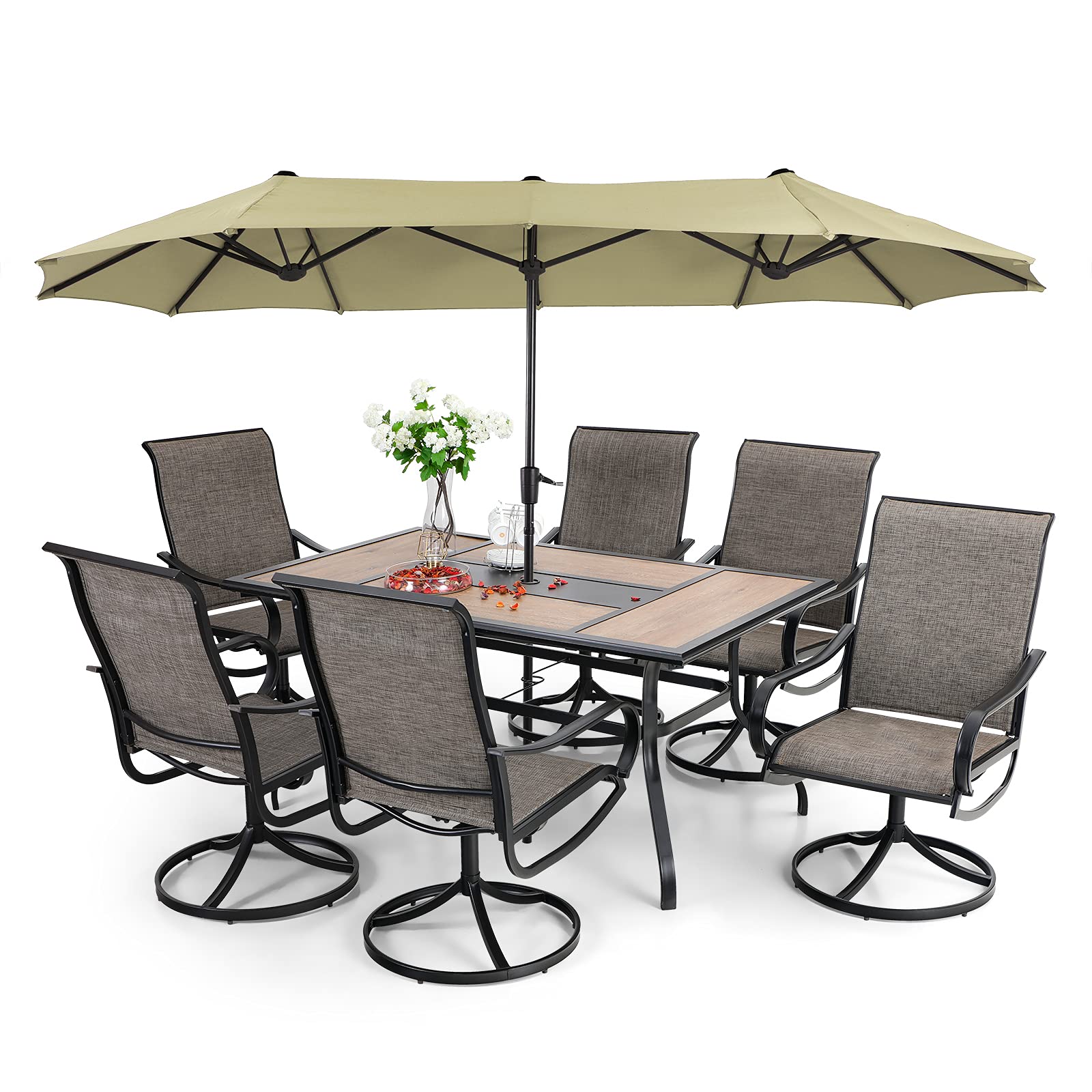 8 Pieces Patio Dining Set with Umbrella,Outdoor Furniture Set with 6 Sling Dining Swivel Chairs