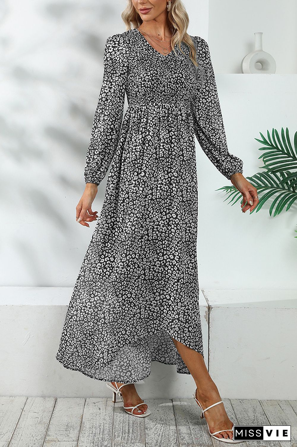 V Neck Puff Sleeves Split Printing Maxi Dress