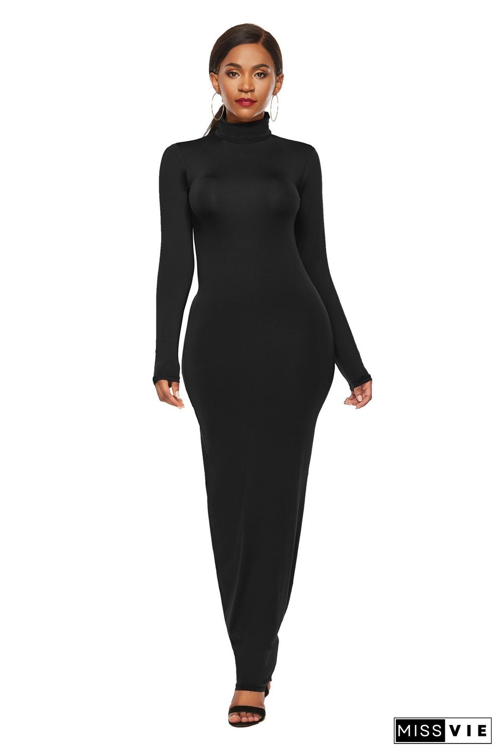 Fashion Solid Color Dress Women Long Sleeve Stretch Slim High Neck Dress Vestido Feminino