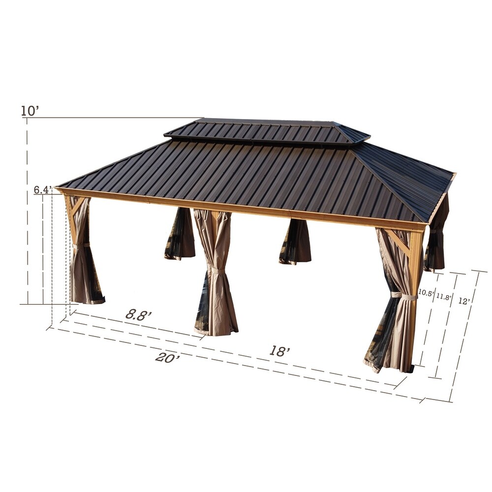 Kozyard Apollo Wood Looking 12ft x 20ft Aluminum Hardtop Gazebo with Galvanized Steel Roof and Mosquito Net