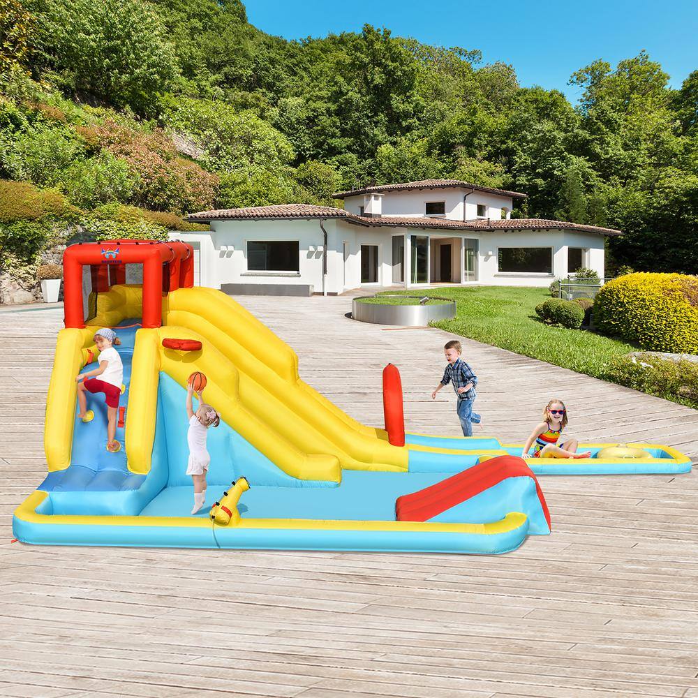 Costway Multi-Color 7-In-1 Inflatable Dual Slide Water Park Climbing Bouncer without Blower OP70653