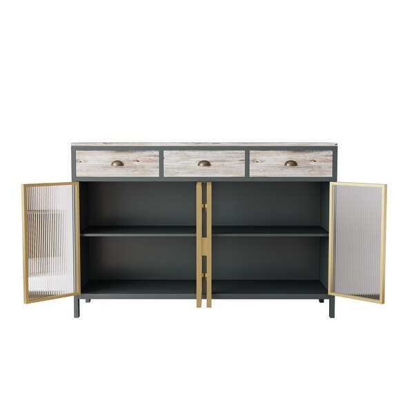 4 Glass Doors Modern Sideboard with 3 Top Drawers