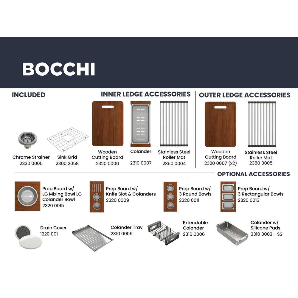 BOCCHI Baveno Uno White Fireclay 27 in. Single Bowl UndermountDrop-In 2-hole Kitchen Sink wIntegrated WS and Acc. 1633-001-0132