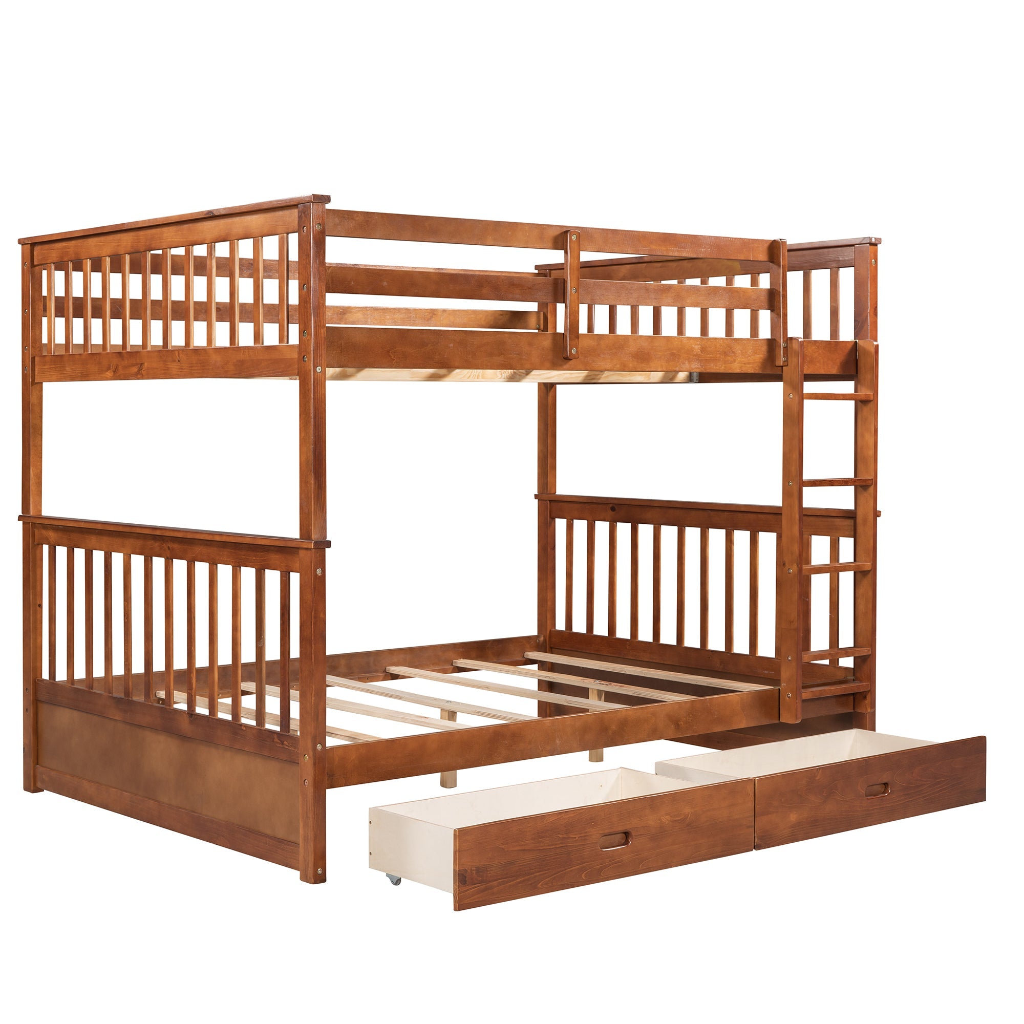 Wood Full Over Full Bunk Bed with Two Storage Drawers and Ladders for Kids Adults,Walnut