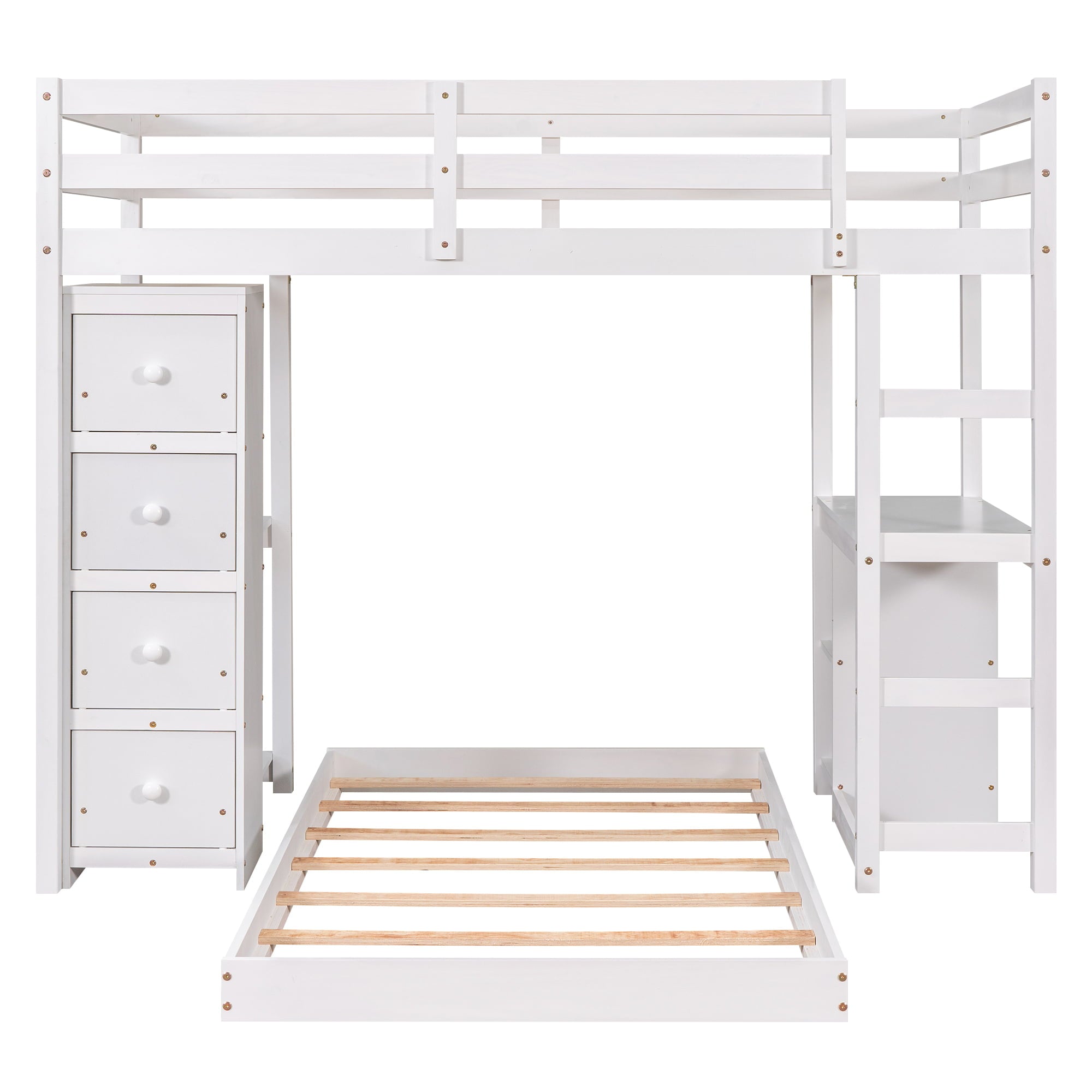 Euroco Twin over Twin Loft Bed with Drawers for Kids, White