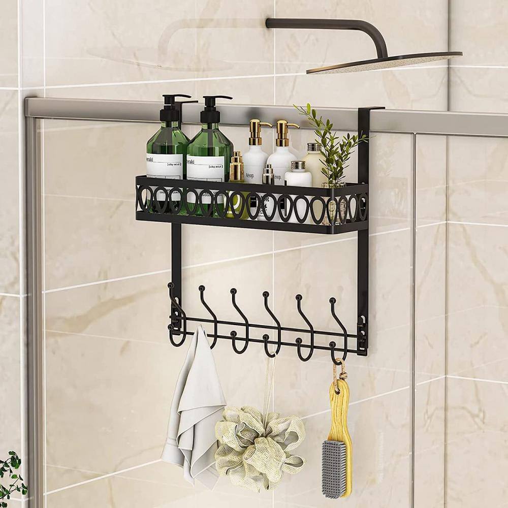 Aoibox 15.6 in. Shower Caddy Basket Metal Over the Door Hooks Door Hanger Organizer with Hooks  Racks in Black SNMX4749