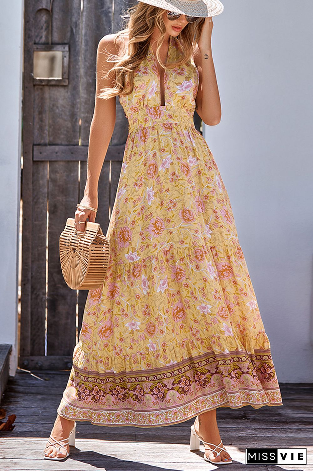 Halter Backless Bohemian Floral Maxi Dress