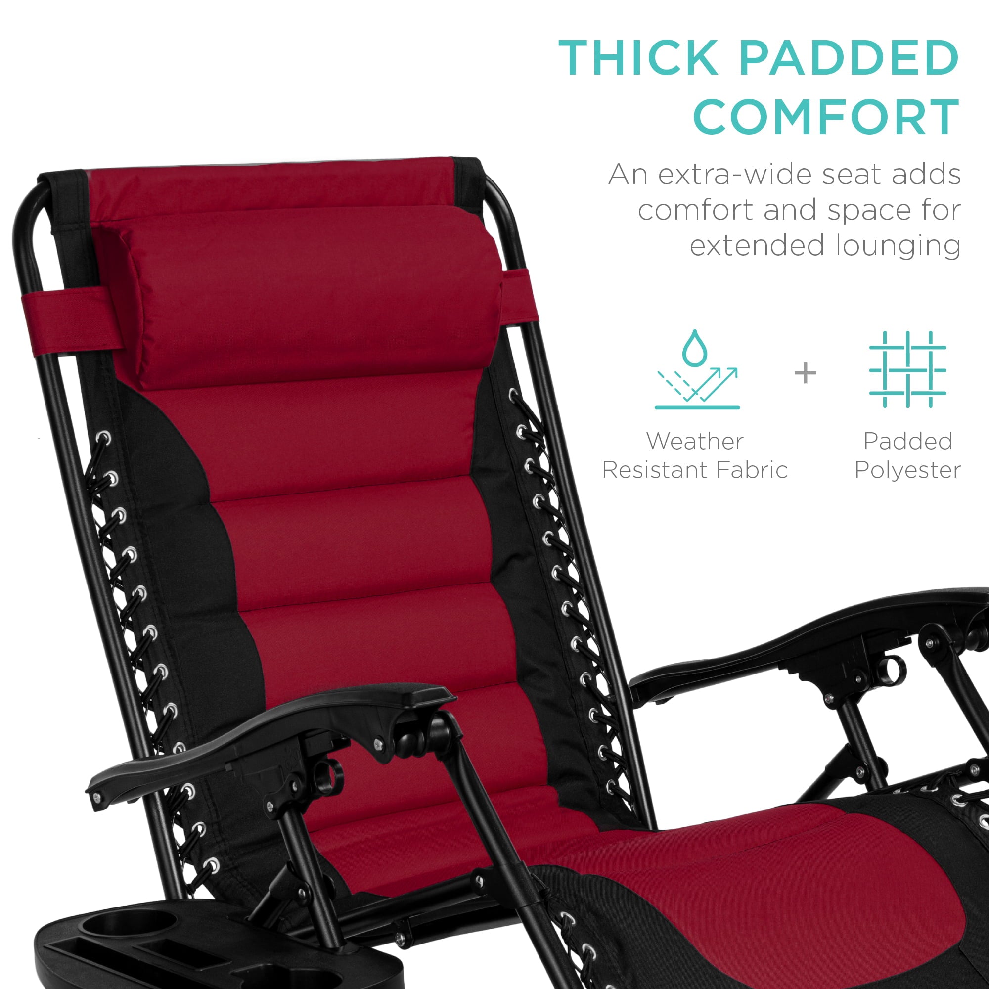 Best Choice Products Oversized Padded Zero Gravity Chair, Folding Outdoor Patio Recliner w/ Side Tray - Burgundy