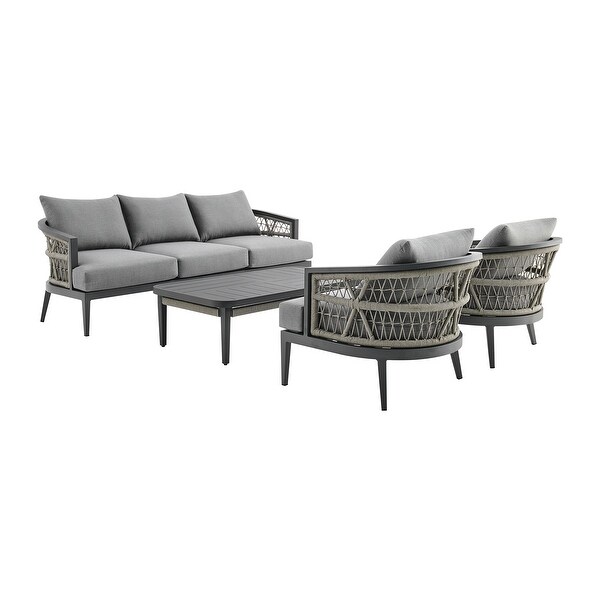 Zella Outdoor Patio 4 Piece Conversation Set in Aluminum with Light Gray Rope and Cushions