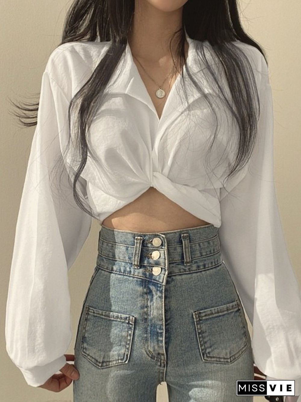 Knotted Tie Strap Cropped Long Sleeve Blouse