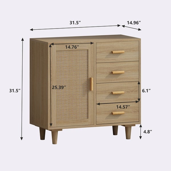 4 Drawers Wooden Cabinet with Rattan Decorative Doors