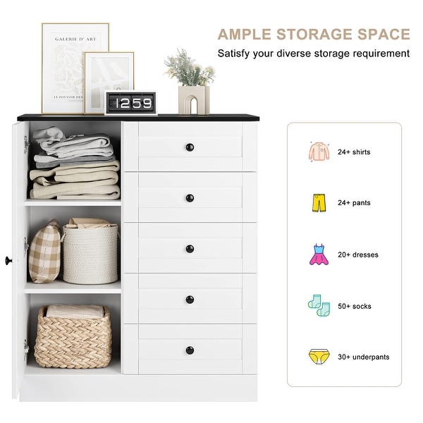 5 Drawer Dresser with Door， White Storage Cabinet with Drawers and Shelves， Modern Chest of Drawers Closet Organizers - - 37668247