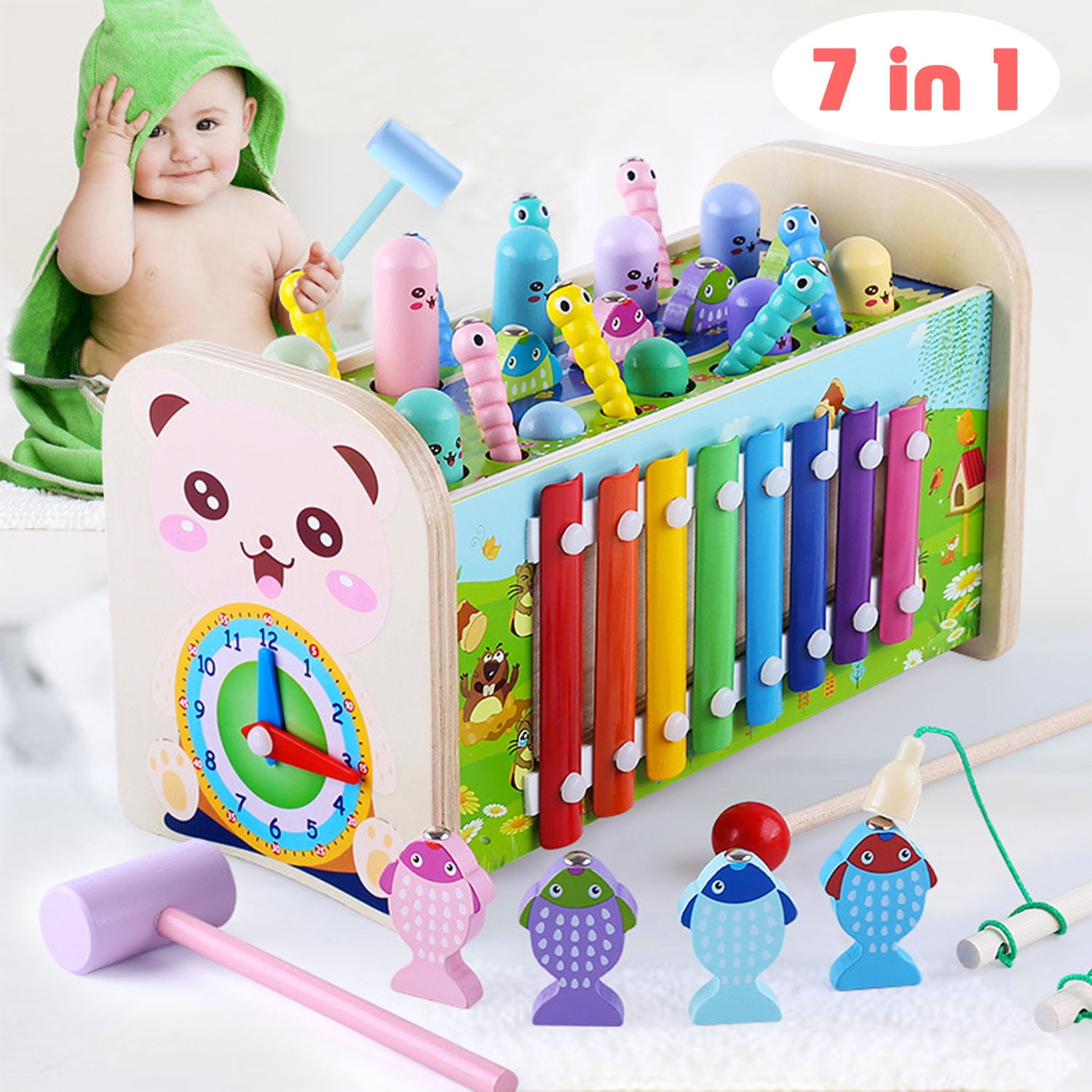 Baby Toys for 12-24 Months，  7 in 1 Wooden Hammering Pounding Toys， Montessori Early Development Toys