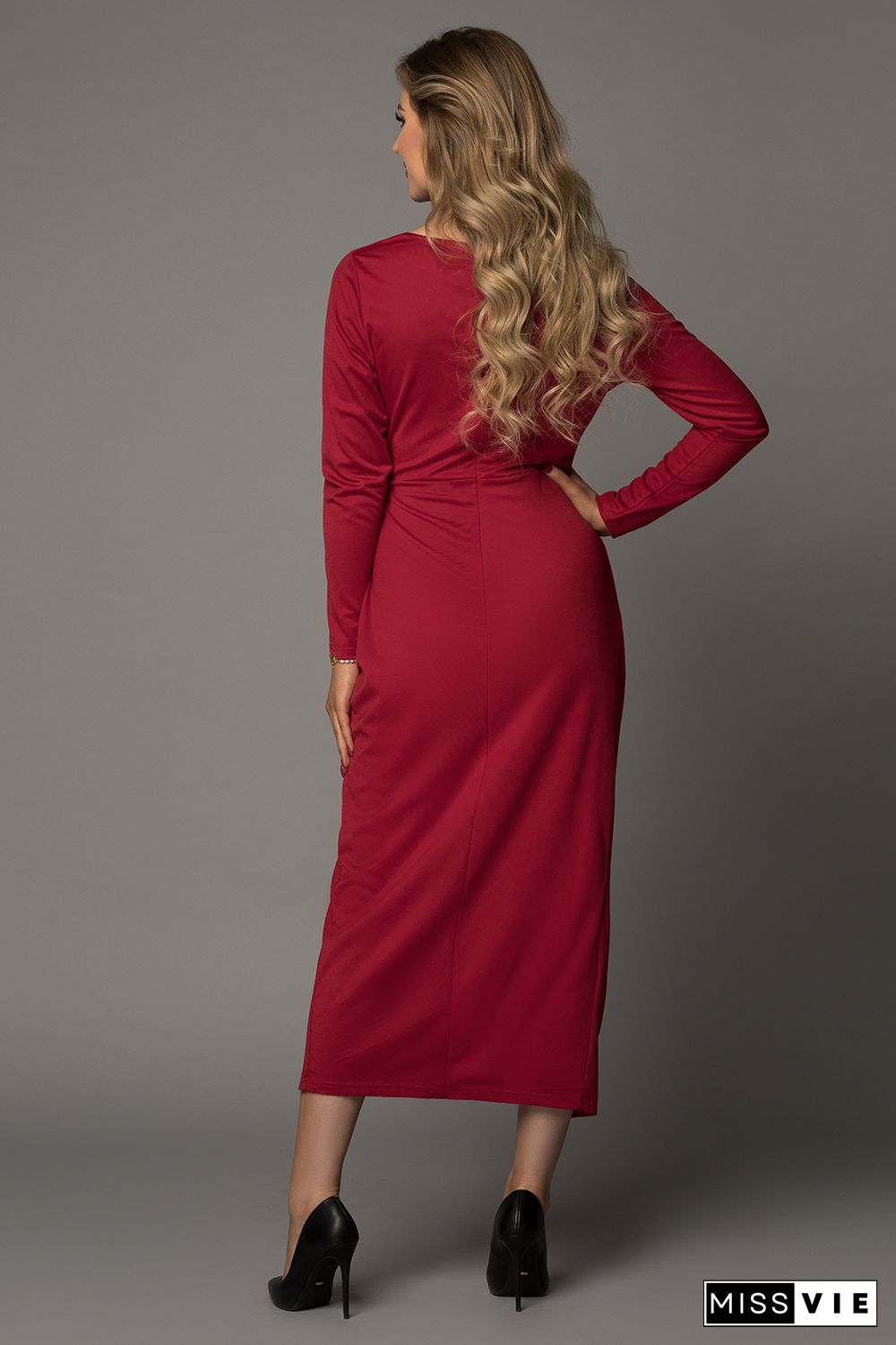 Wine Red Long Sleeve V Neck Twist Front Slit Long Dress