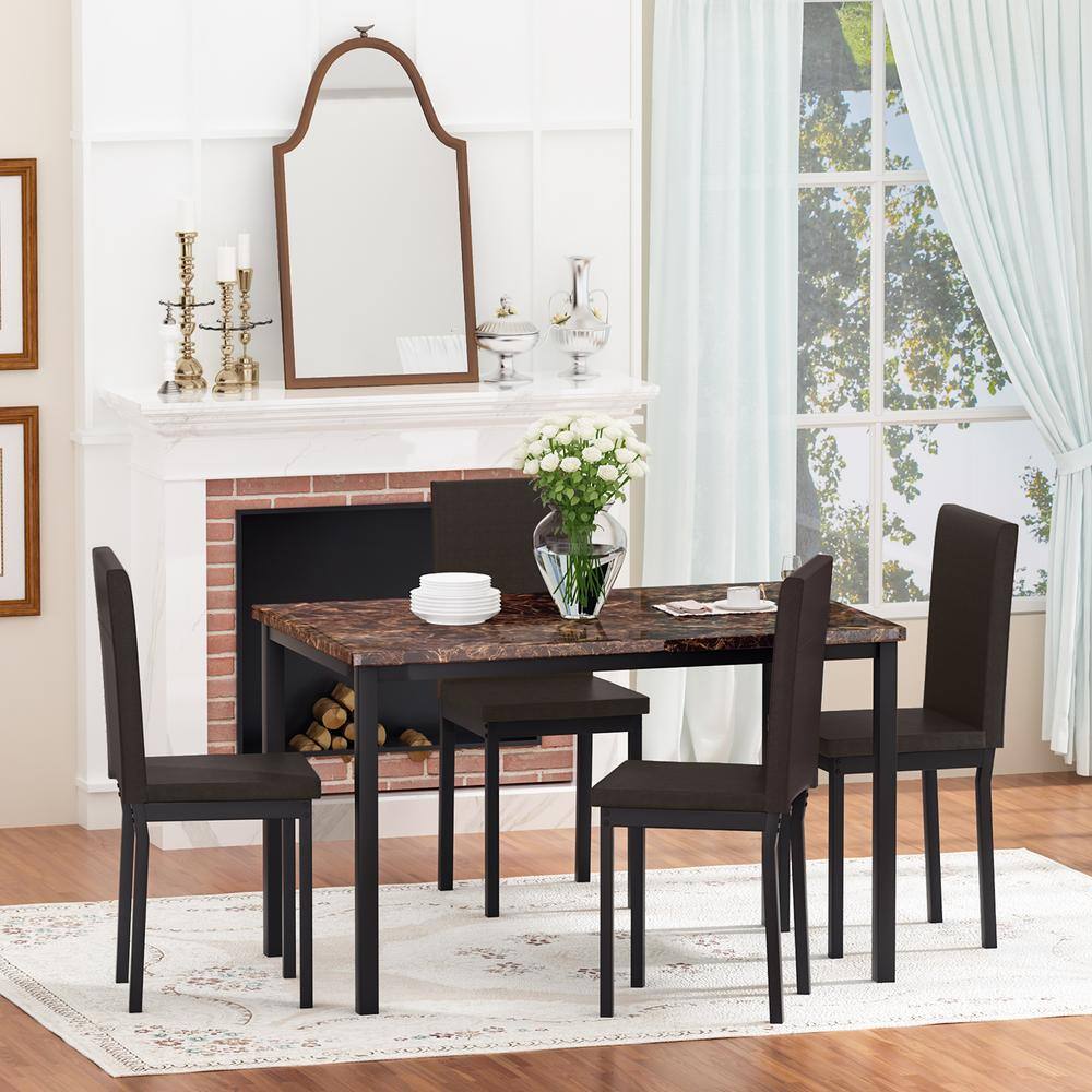 mieres 5-Piece Rectangular Brown Wood Faux Marble Top Dining Table Set with 4 Upholstered PU Leather Dining Chairs QTW36835415