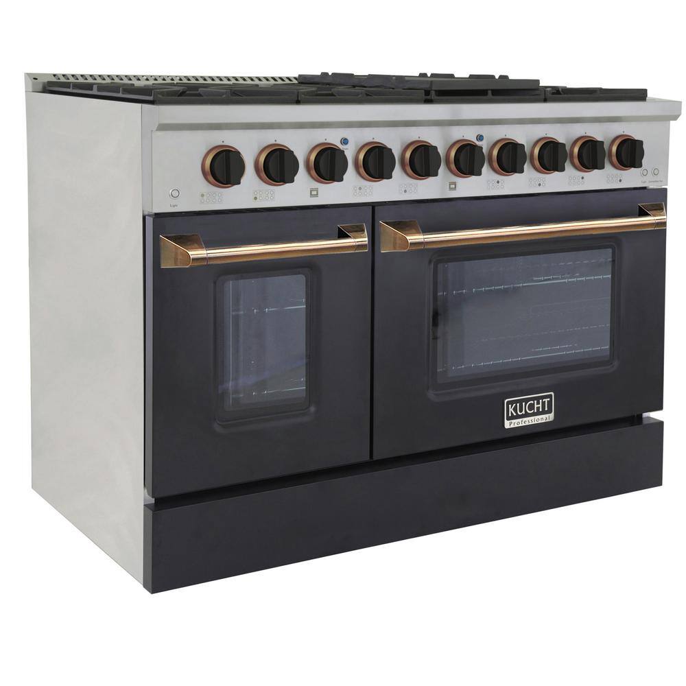 Kucht Custom KNG 48 in. 6.7 cu. ft. LP Ready Double Oven Gas Range with Convection in Black with Black Knobs and Gold Handle KNG481LP-K-GOLD