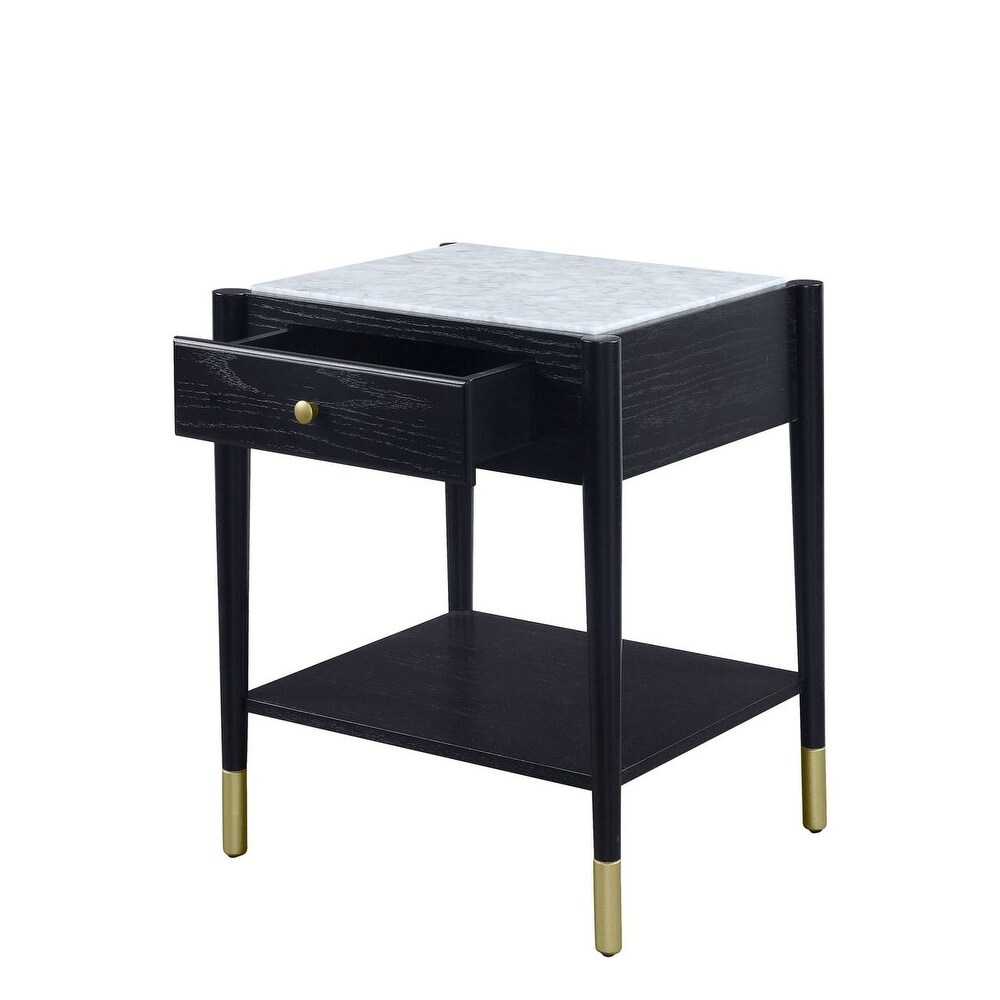 Wood Nightstand Natural Marble Top End Table with Storage Drawer and Open Shelf for Bedroom Gold Trim Sofa Side Table