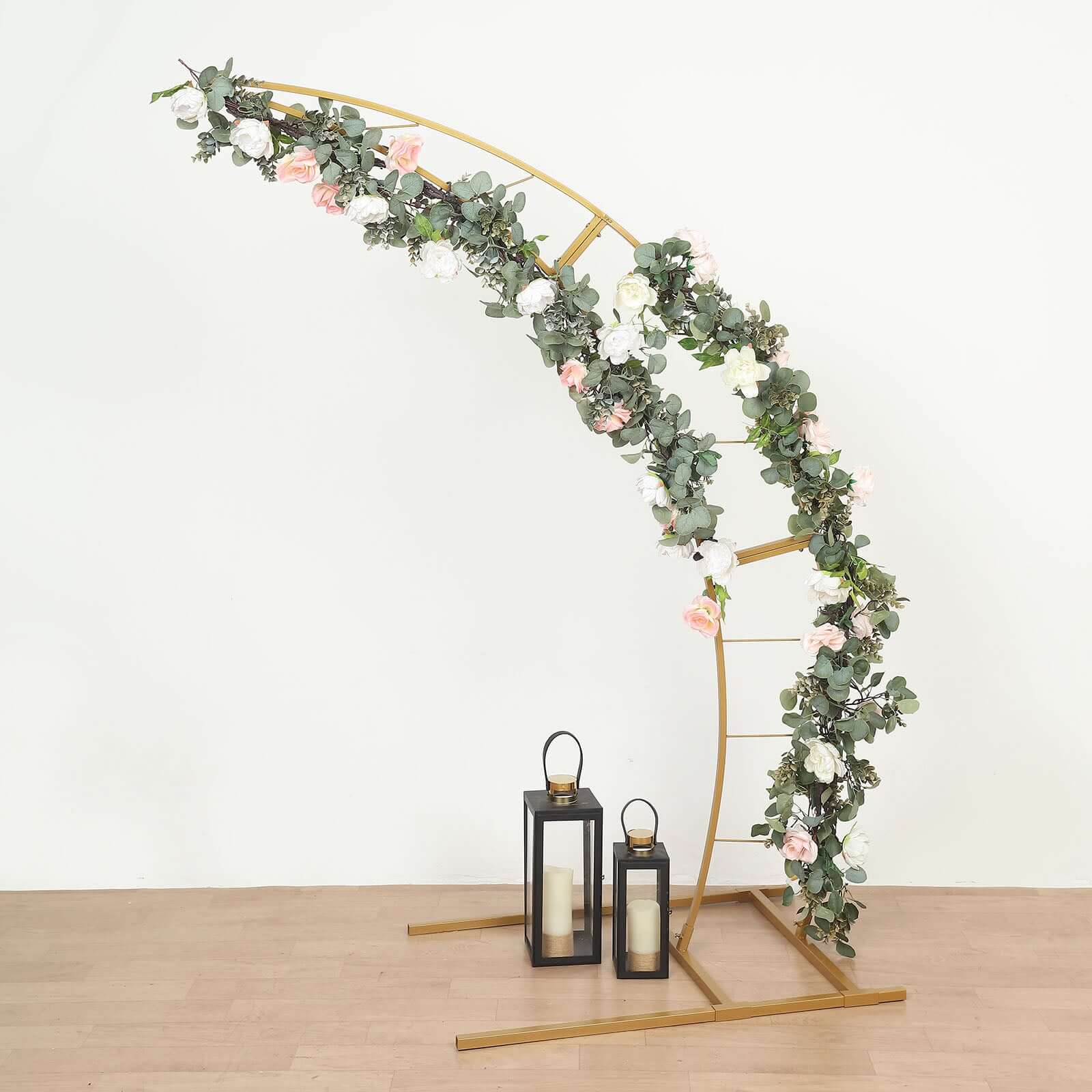 Gold Metal Half Crescent Moon Wedding Arch Flower Stand, Curved Arbor Balloon Frame 6.5ft