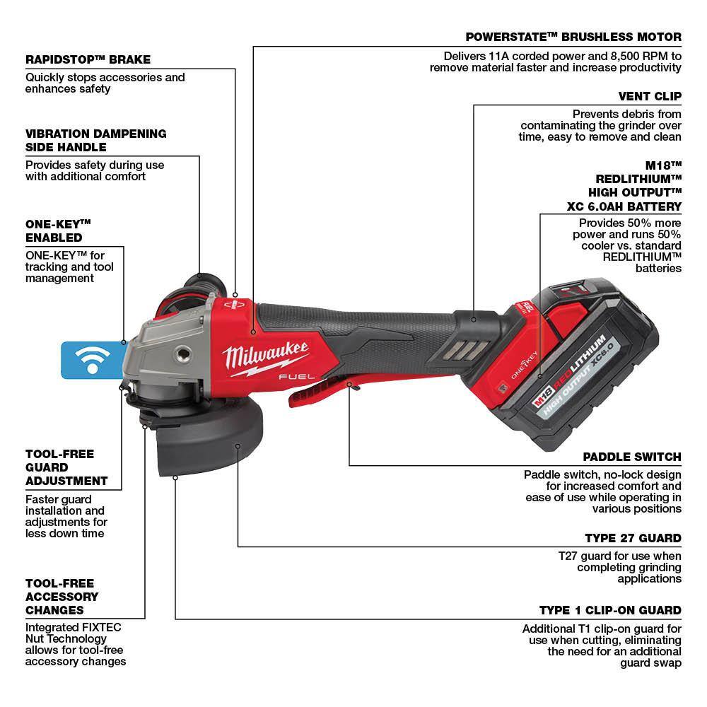 MW M18 FUEL 18V Lithium-Ion Brushless Cordless 4-12 in.5 in. Braking Grinder Kit wPaddle Switch  (2)6.0 Batteries 2882-22