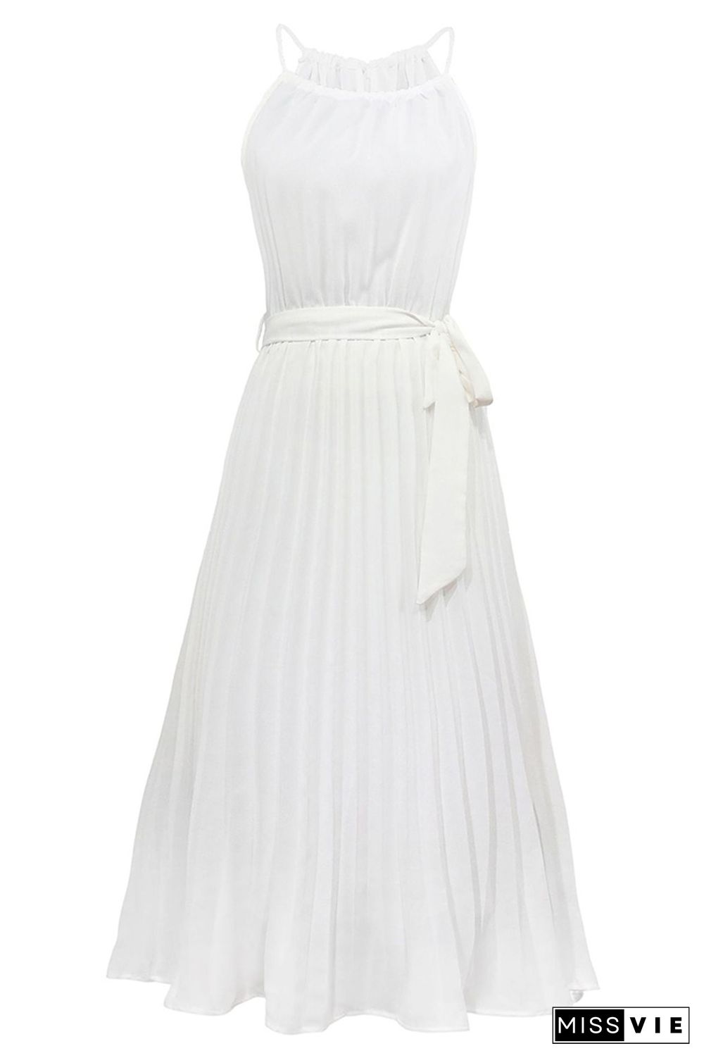 Plain Halter Pleated Maxi Dress With Sash