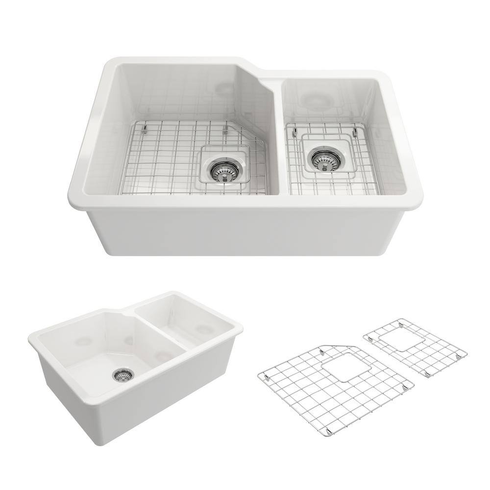 BOCCHI Sotto White Fireclay 33 in. 6040 Double Bowl Dual-Mount Kitchen Sink w Protective Bottom Grids and Strainers 1506-001-0120