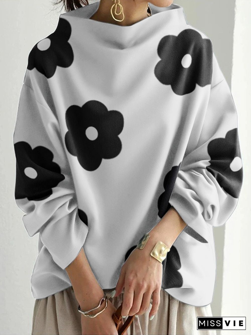 Long Sleeves Loose Contrast Color Printed Stand Collar T-Shirts