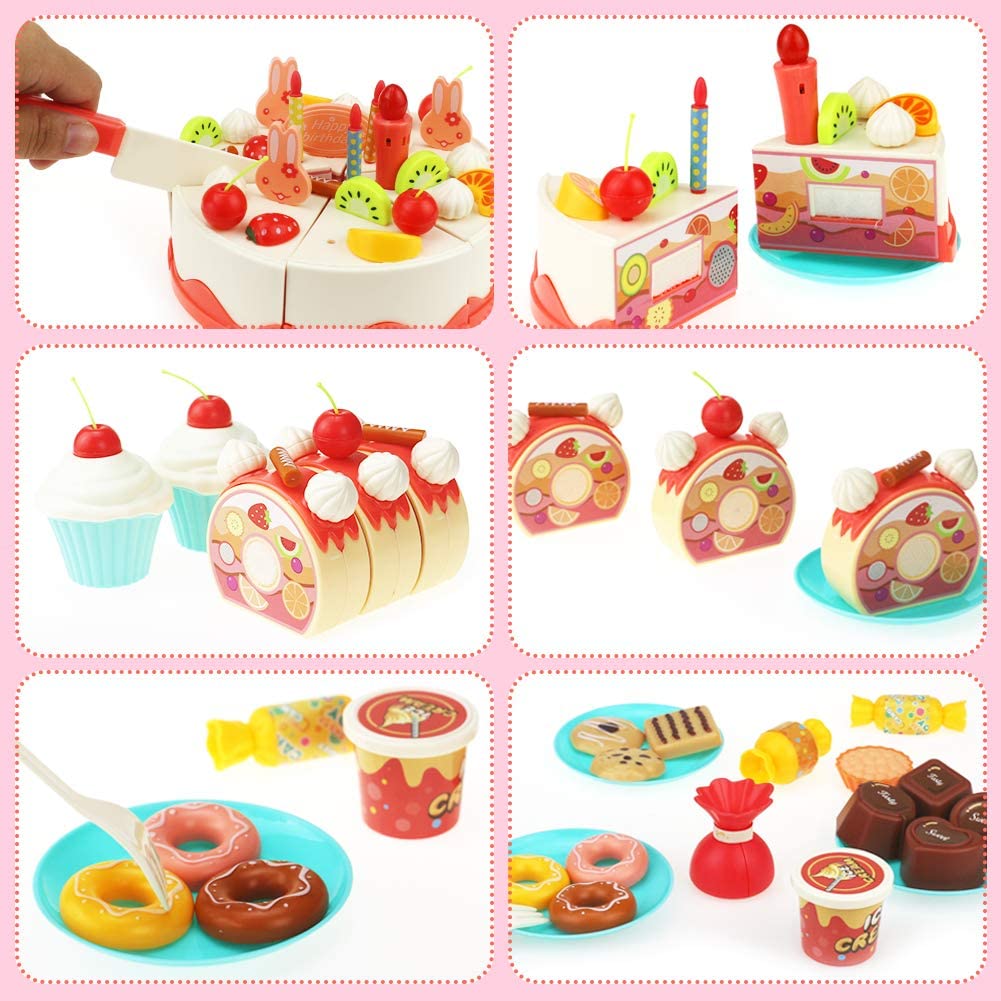 Mundo Toys Cutting DIY Pretend Play Birthday Cake Dessert Food Set Toy Multicolor with Candles， 82 Pieces