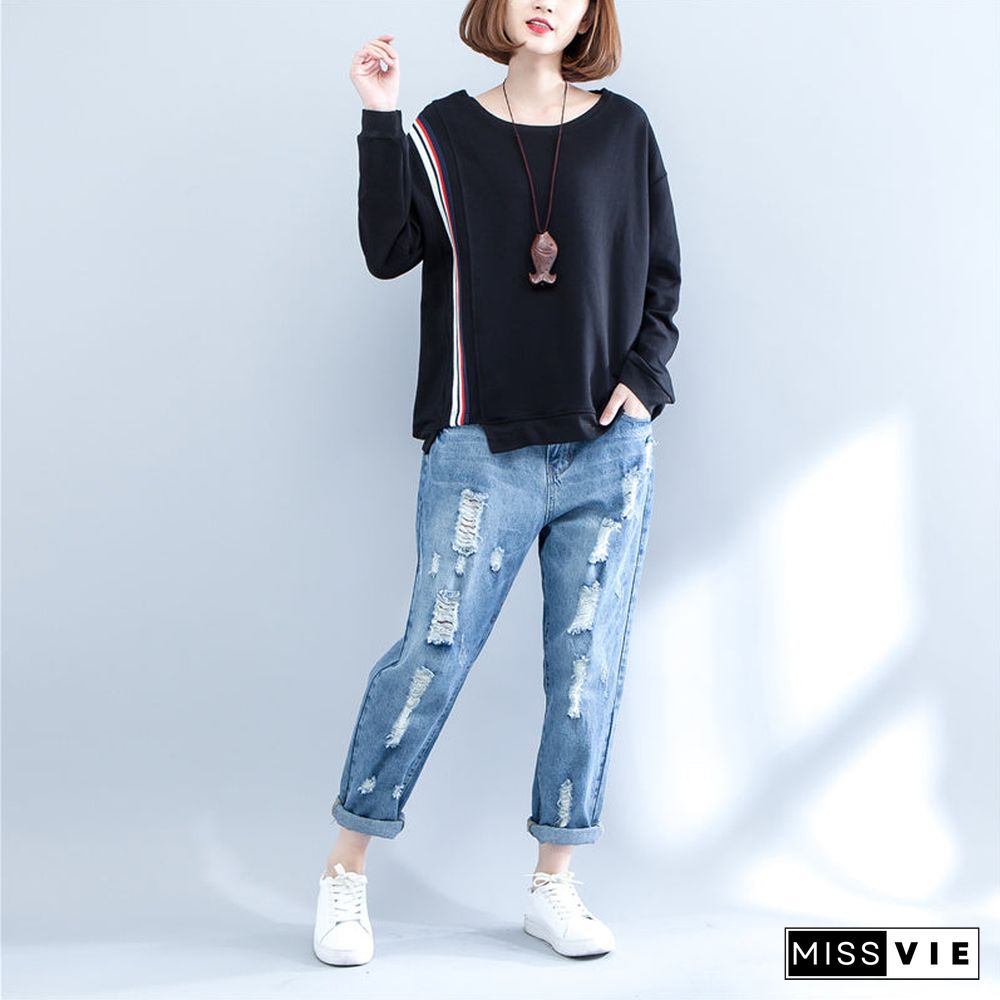 autumn black casual thick t shirt plus size long sleeve patchwork tops