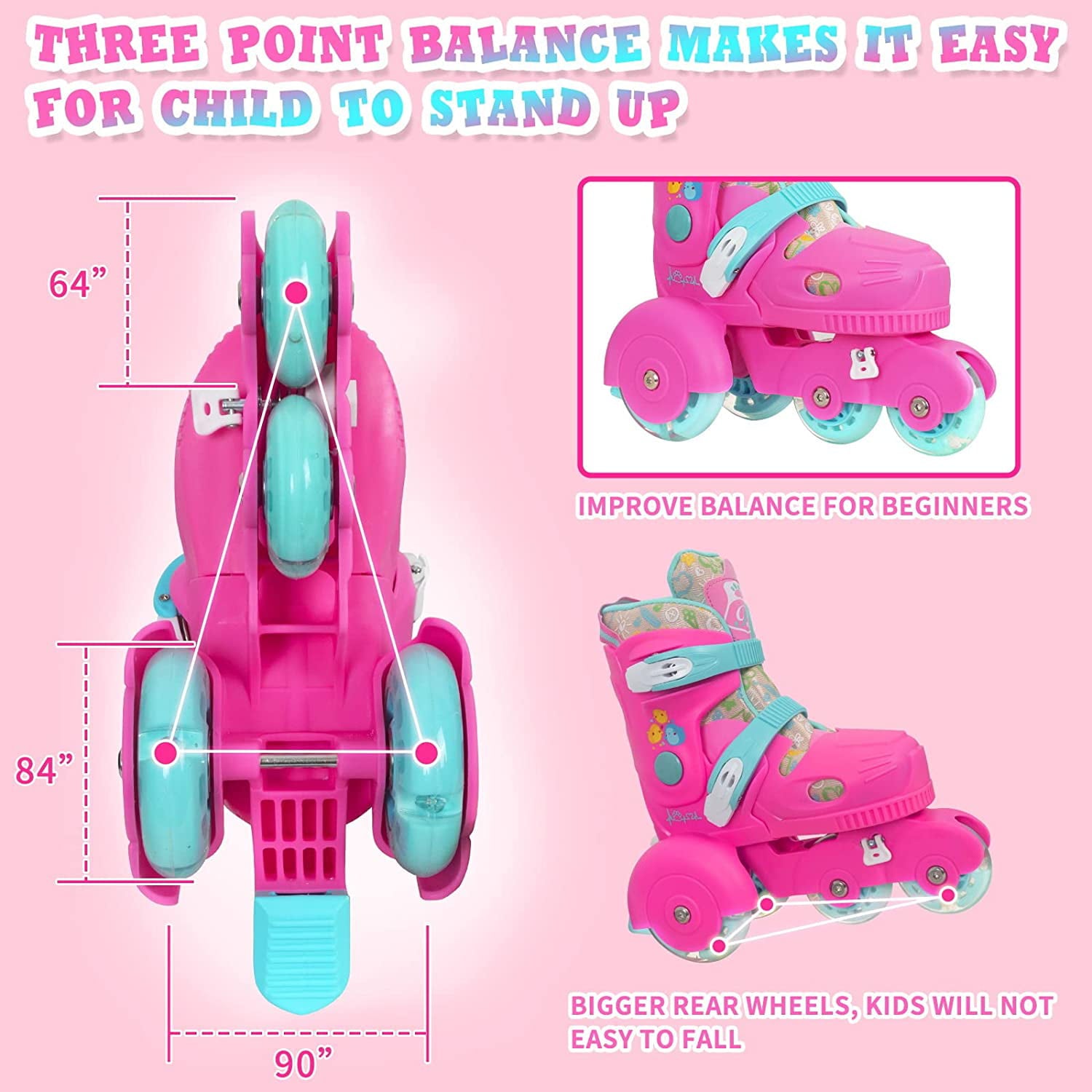 Nattork Roller Skates for Toddler Girls Boys 3-Point Balance with Light Up Wheels Princess Pink Small(11C-1)