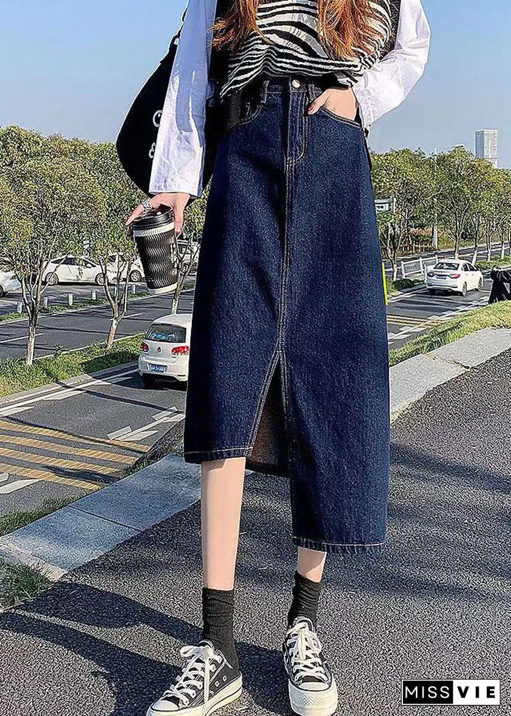 Elegant Navy Side Open Asymmetrical Pocket Cotton Denim Wraped Skirts Summer