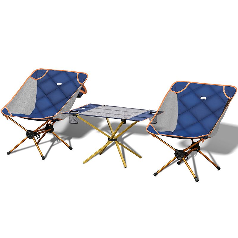 Outsunny Aluminum Camping Padded Chairs Set with Lightweight Folding Table with 2 Cup Holders Portable Carry Bag for Travel Camping Fishing and Beach