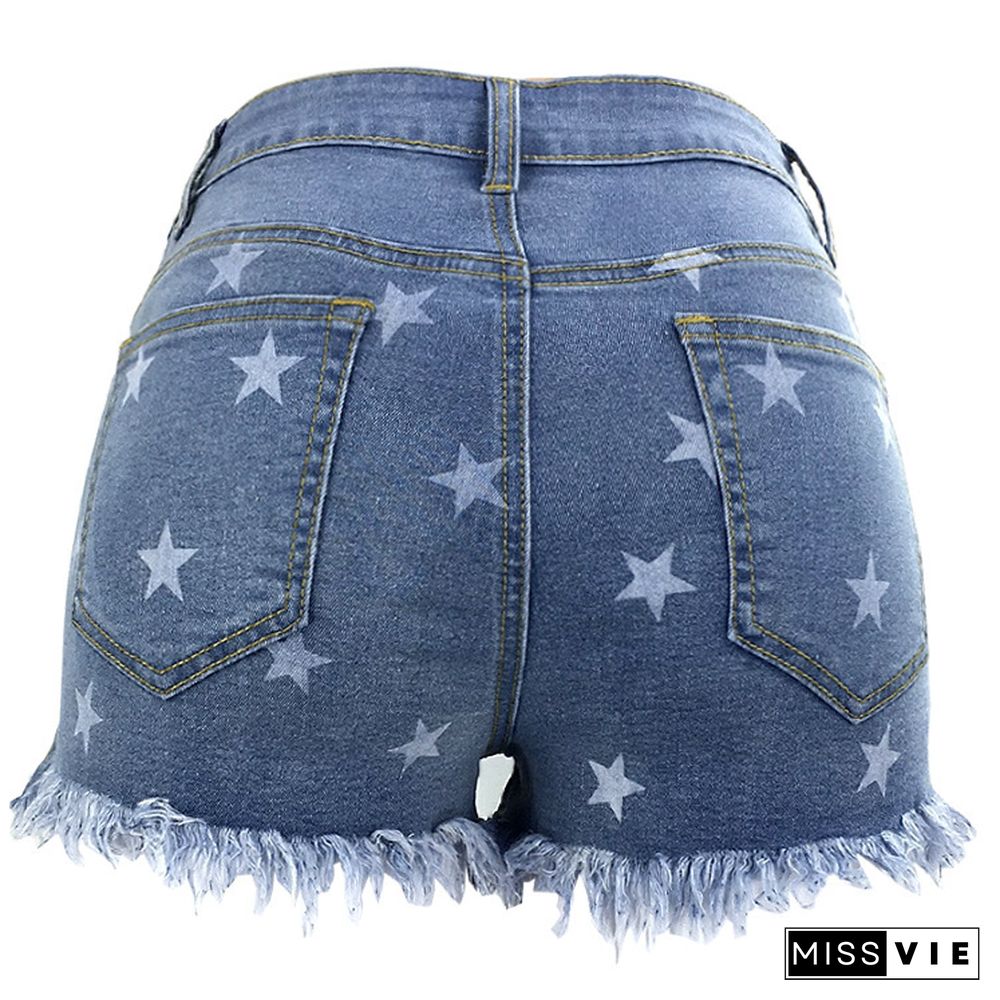 Light Blue Star Print Shorts Jeans with Tassel