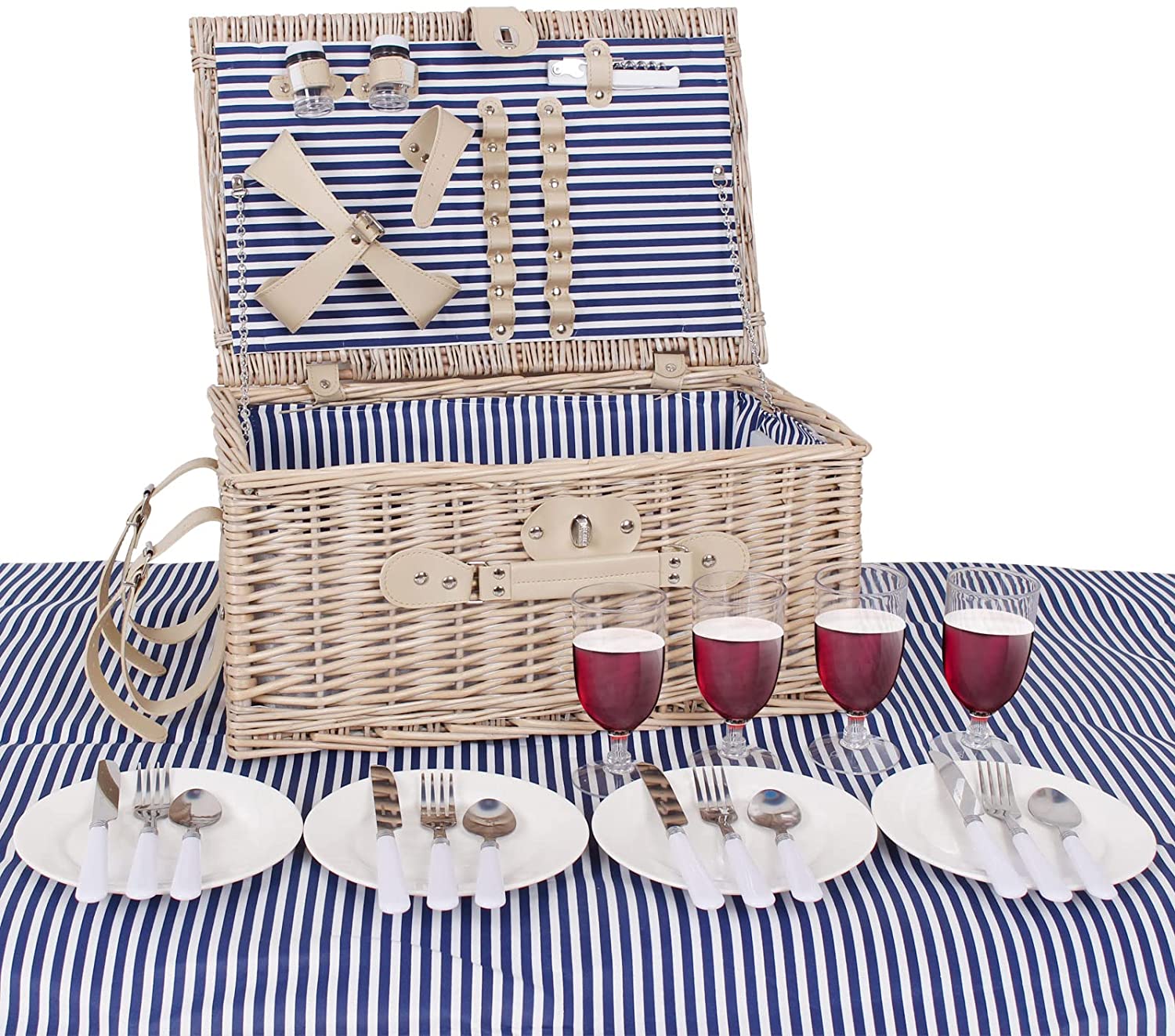 Picnic Basket for 4 Persons， Wicker Picnic Hamper Set with Waterproof Picnic Blanket， Cutlery Service Kit for Camping， Outdoor， Chirtmas， Thanks Giving， Birthday