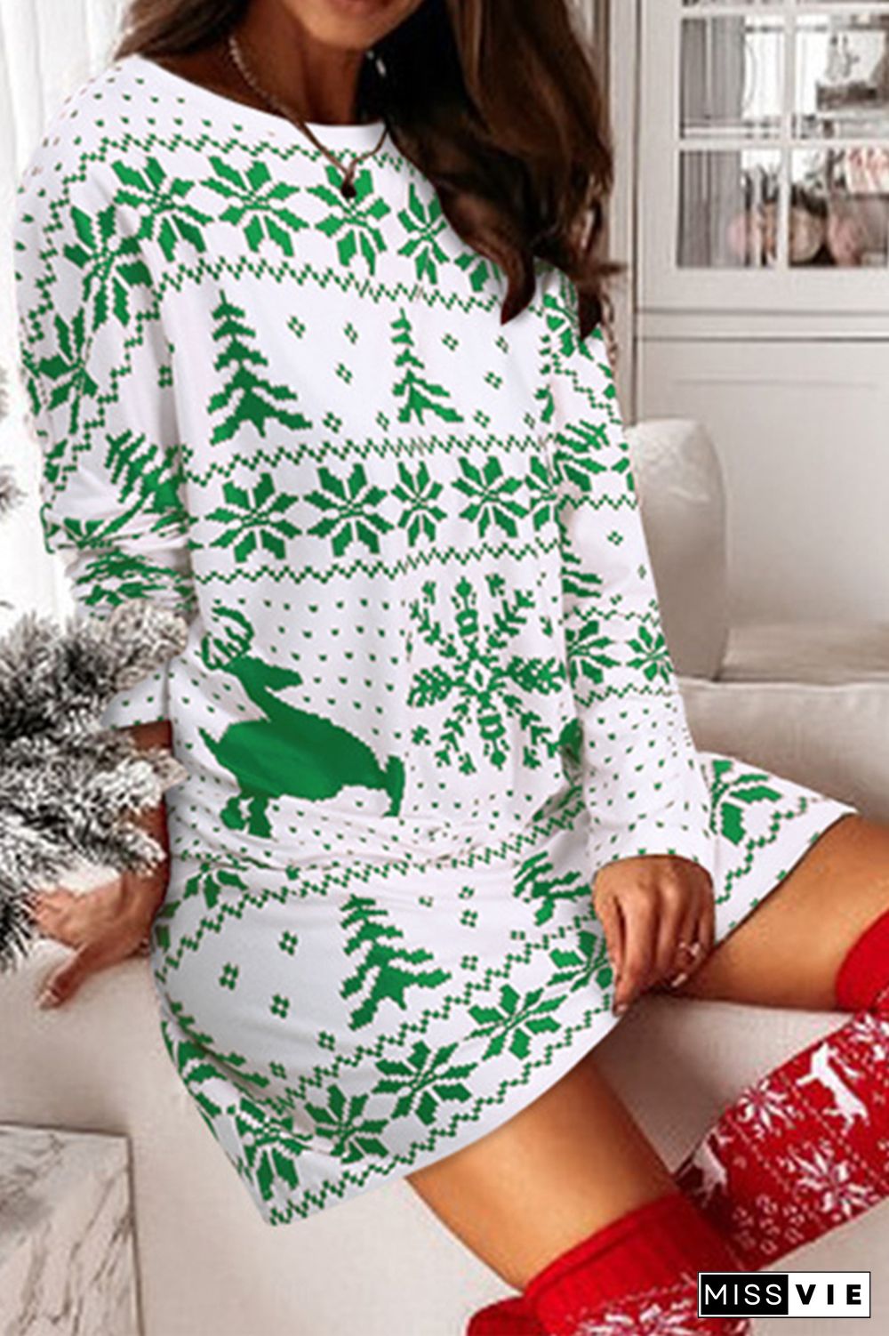 Christmas Print Long Sleeve Dress Women Wholesale