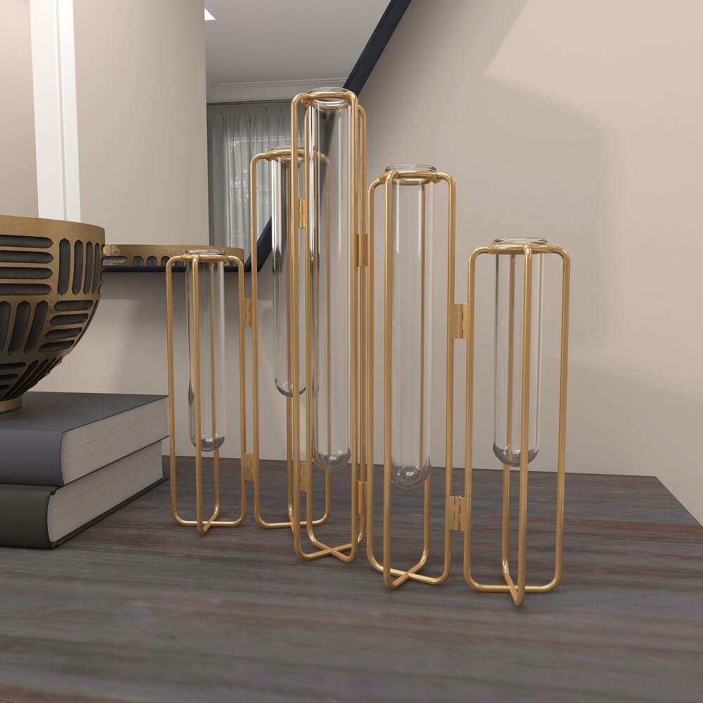Gold or Silver Metal Foldable Vase with Clear Glass Tubes