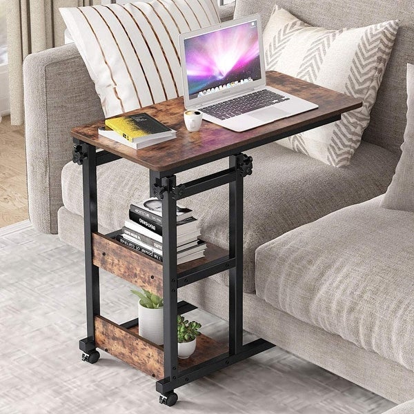 Height Adjustable C Table with Storage Shelves and Wheels， Mobile Sofa Side Table End Table Snack Table