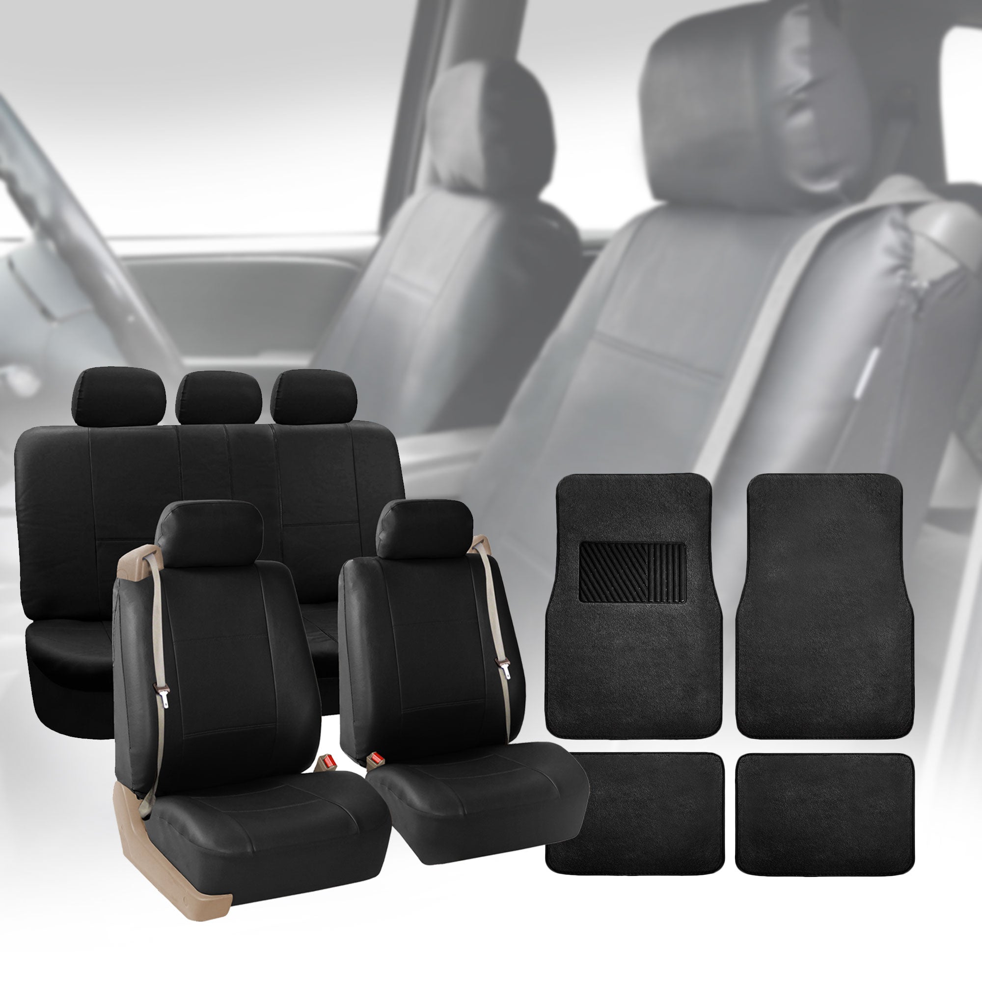 FH Group PU Leather Integrated Seatbelt Seat Covers， Full Set with Black 4pcs Carpet Floor Mats， Black