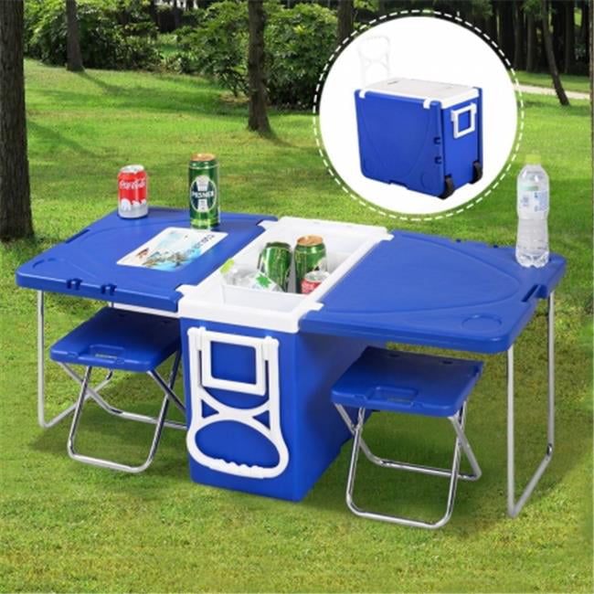 CB16884 Outdoor Picnic Camping Rolling Cooler with Table and 2 Chairsand#44; Blue