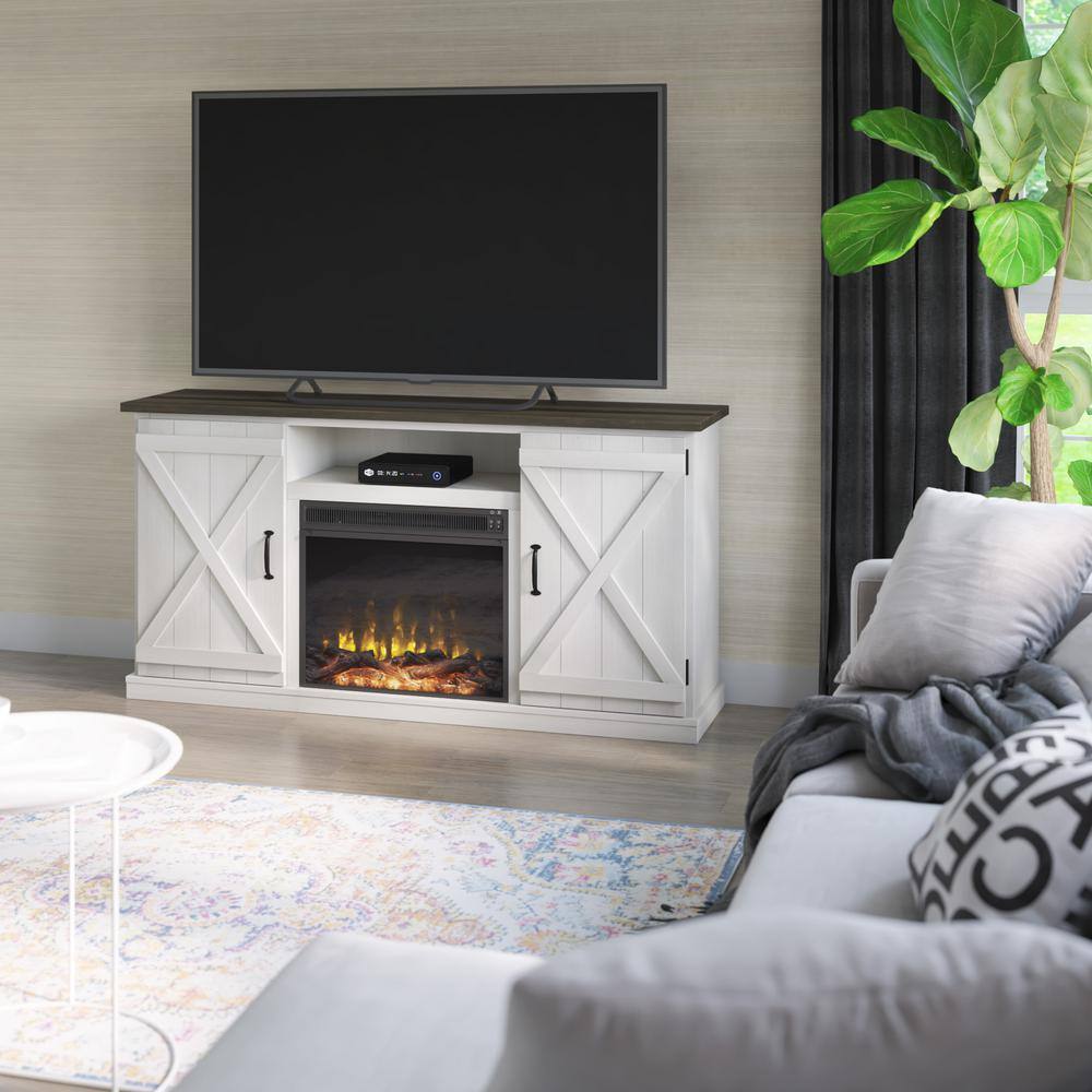 Twin Star Home 63.38 in. Freestanding Wooden Electric Fireplace TV Stand in Old Wood White 140640