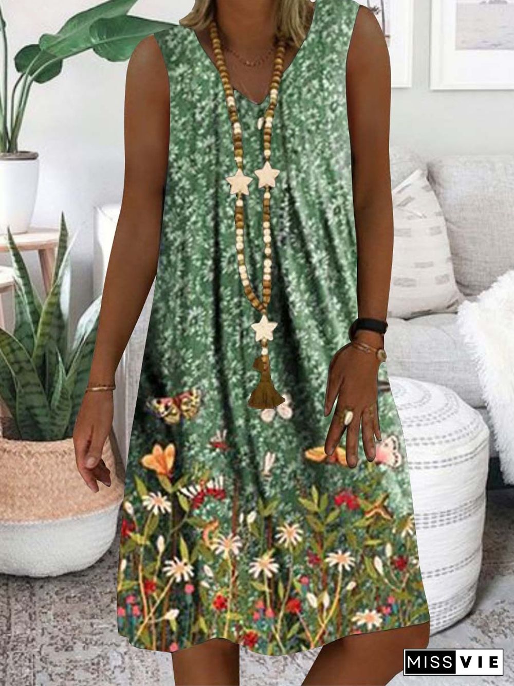 Women Casual Sleeveless V-neck Floral Printed Midi Dress