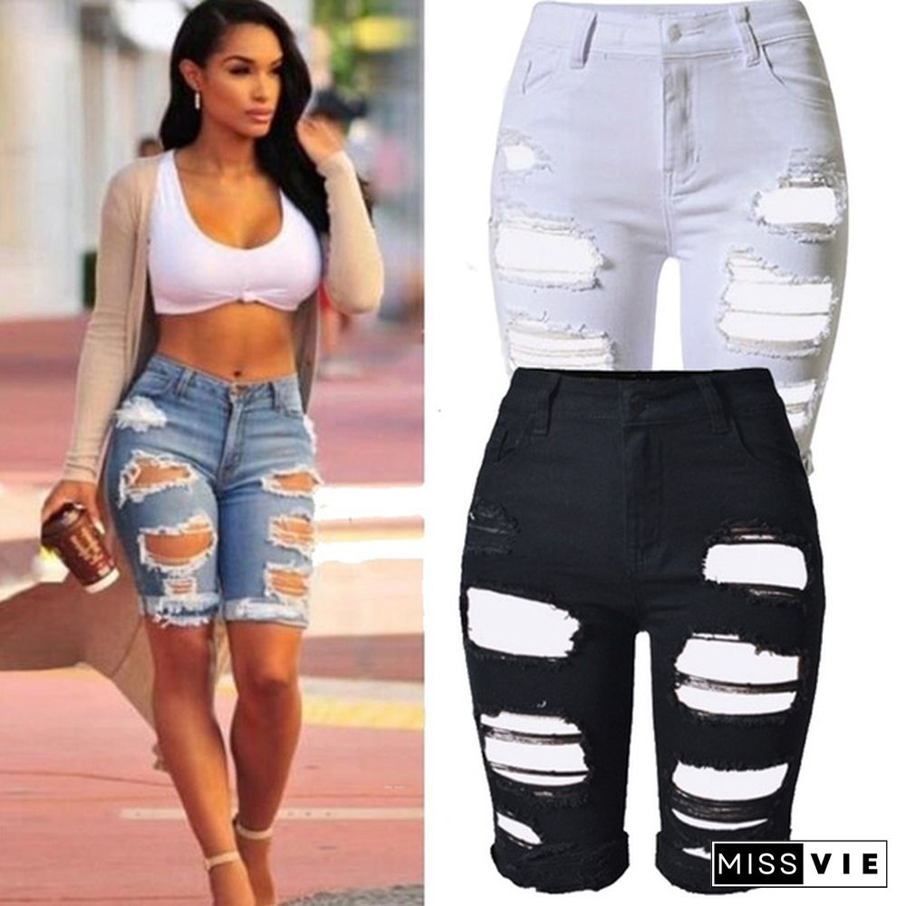 Women Casual Street Style Half Blue Denim Shorts Stretch Pants Slim Boyfriend Ripped Hole Jeans