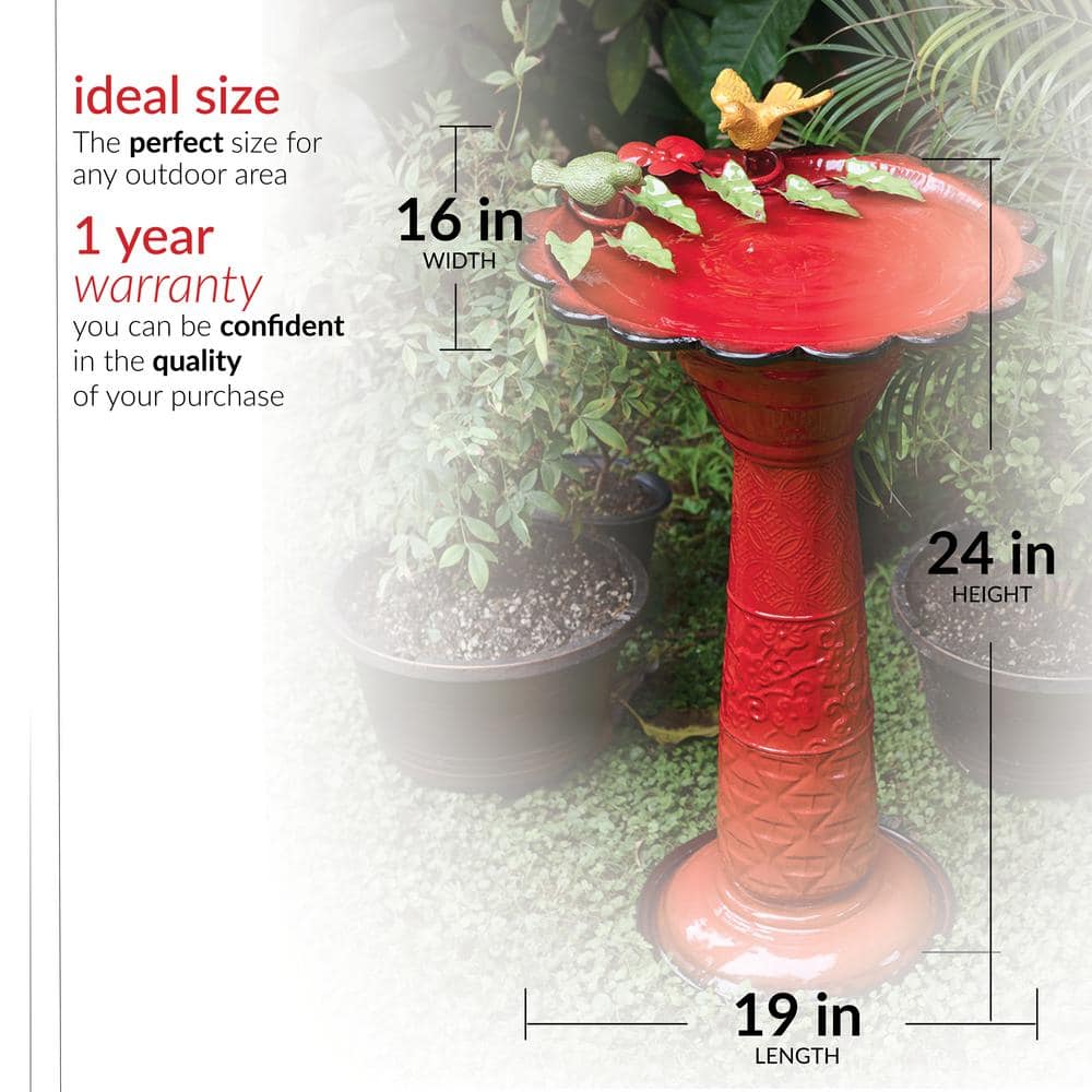 Alpine Corporation 28 in. Tall Outdoor Metal Birdbath with Birds and Leaves Yard Statue Decoration， Red ORS112RD