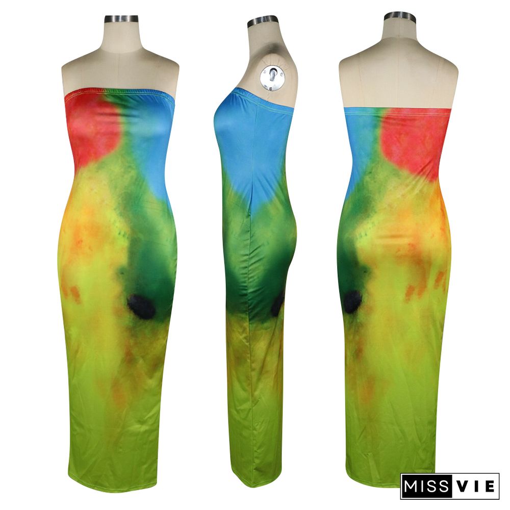 Sexy Strapless Digital Print Sleeveless Maxi Dress