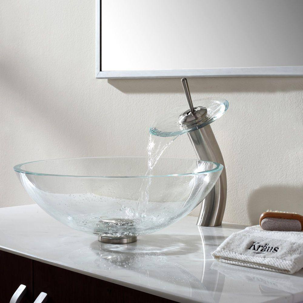 KRAUS Glass Vessel Sink in Crystal Clear with Waterfall Faucet in Satin Nickel C-GV-100-12mm-10SN