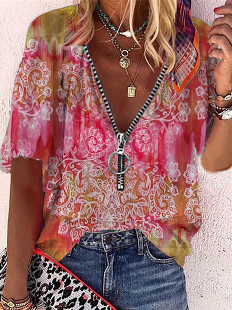 V-neck Zip Ethnic Print Short Sleeve Blouse