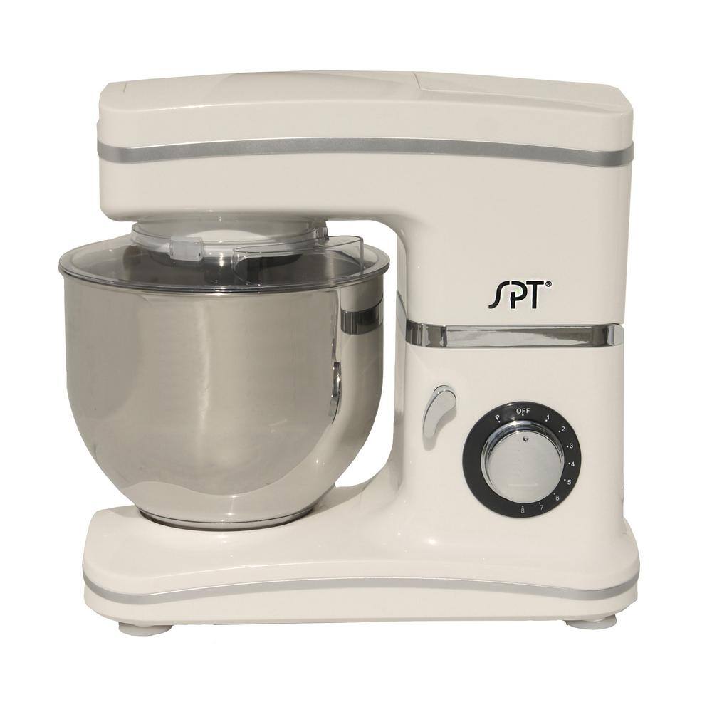 SPT 5.5 Qt. 8-Speed White Stand Mixer with Whisk Kneading Hook and Mixer Blade MM-106WA