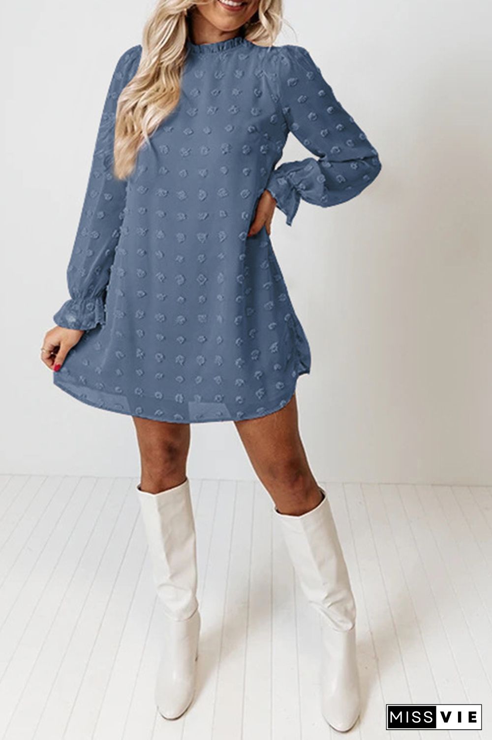 Sweet Chiffon Jacquard Bubble Long Sleeves Mini Dress Wholesale