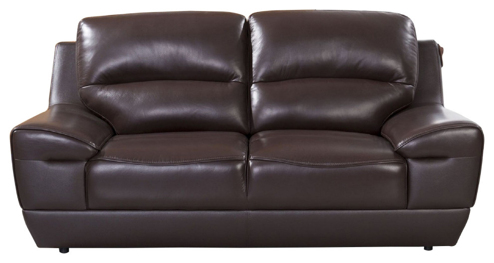 Leatherette Loveseat With Sloped Pillow Top Arms And Plastic Legs  Brown   Contemporary   Loveseats   by VirVentures  Houzz